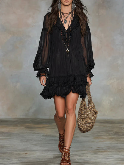 Effortless Black Mini Dress for Women in Boho Ruffle Chiffon Style