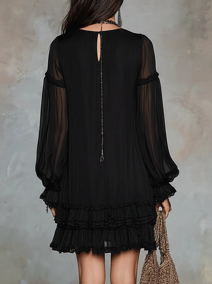 Effortless Black Mini Dress for Women in Boho Ruffle Chiffon Style