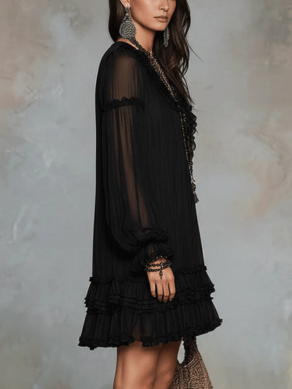 Effortless Black Mini Dress for Women in Boho Ruffle Chiffon Style