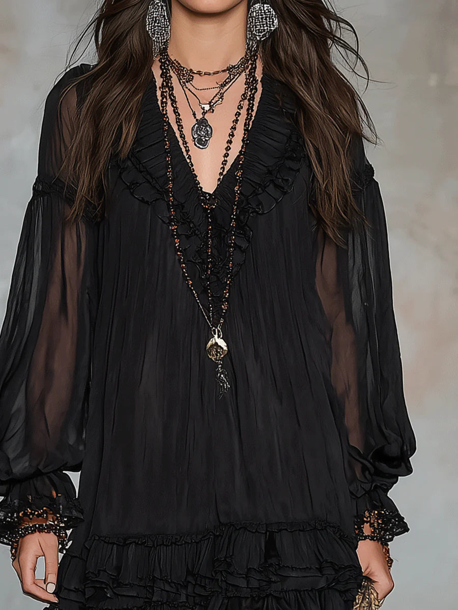 Effortless Black Mini Dress for Women in Boho Ruffle Chiffon Style