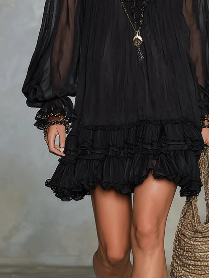Effortless Black Mini Dress for Women in Boho Ruffle Chiffon Style