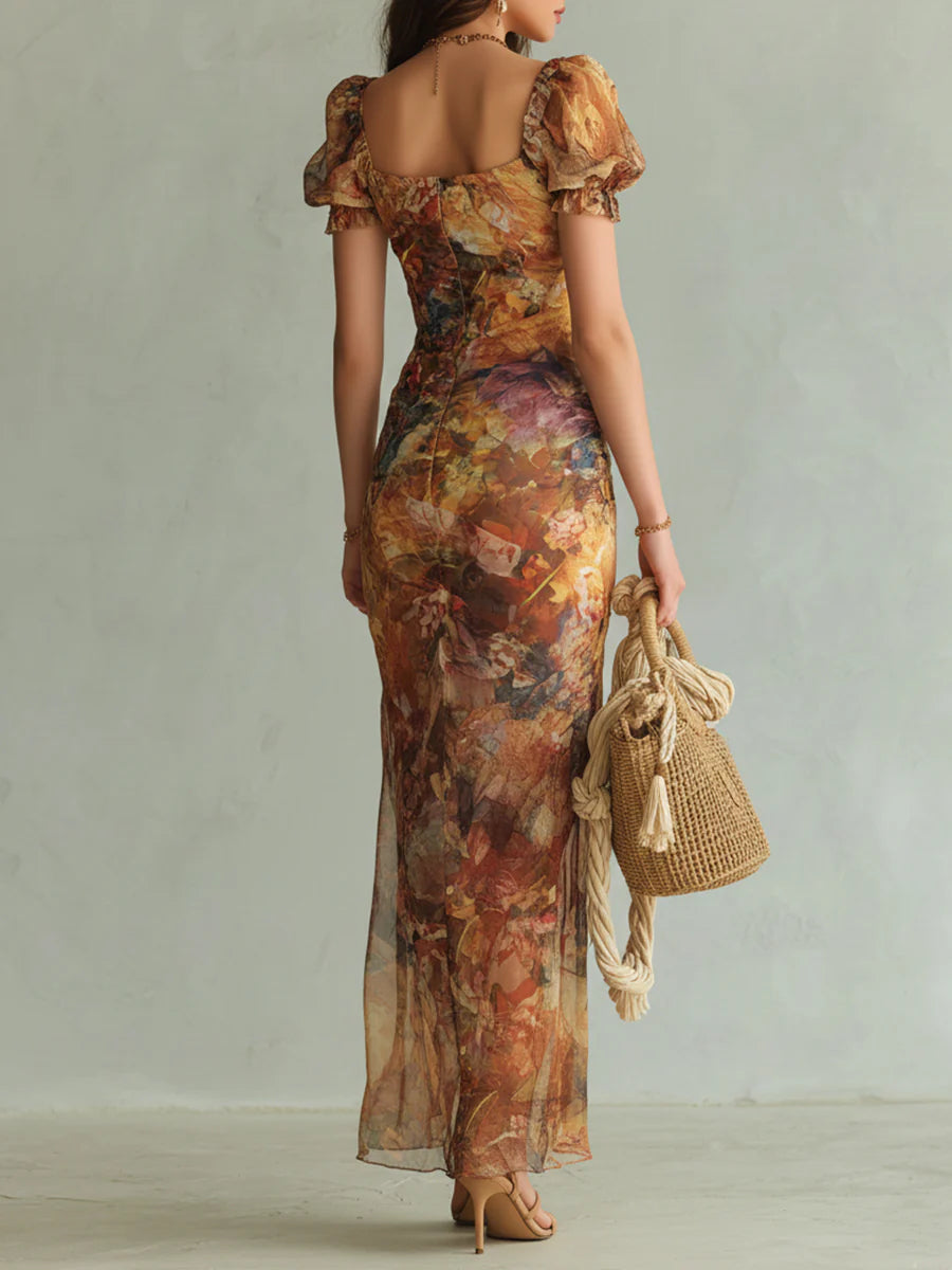 Elegant Orange Floral Maxi Dress for Women with Sweetheart Neck Short Sleeve Ruched Bodice Formal Wedding Guest Style
