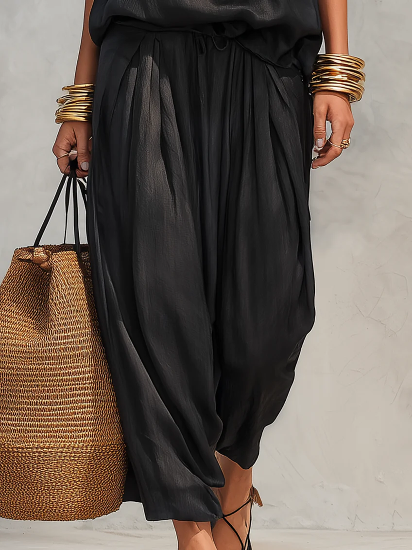 Elegant Black Halter Neck Two Piece Set for Women with Pleated Wide Leg Trouser