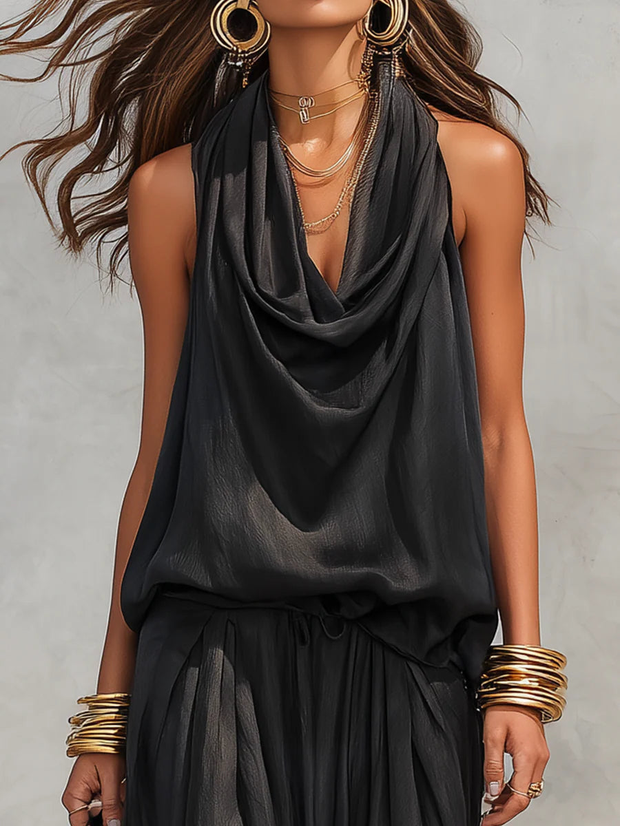 Elegant Black Halter Neck Two Piece Set for Women with Pleated Wide Leg Trouser