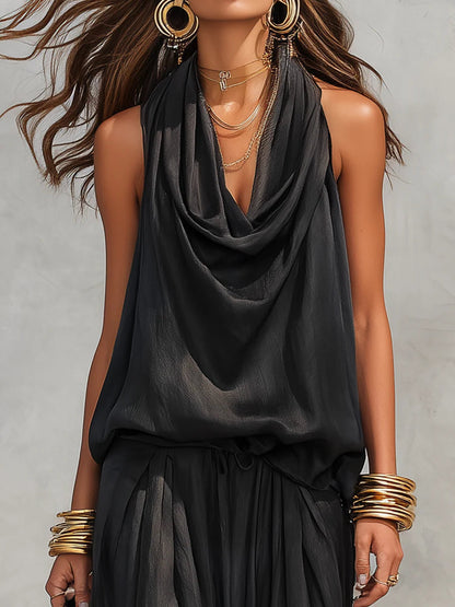 Elegant Black Halter Neck Two Piece Set for Women with Pleated Wide Leg Trouser