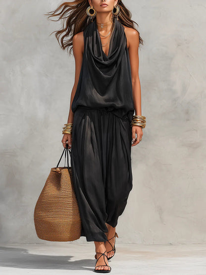 Elegant Black Halter Neck Two Piece Set for Women with Pleated Wide Leg Trouser