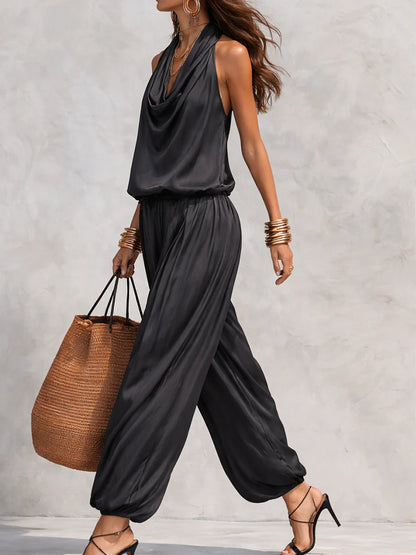 Elegant Black Halter Neck Two Piece Set for Women with Pleated Wide Leg Trouser