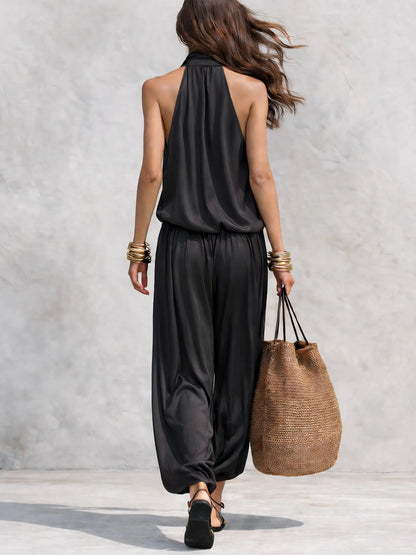 Elegant Black Halter Neck Two Piece Set for Women with Pleated Wide Leg Trouser