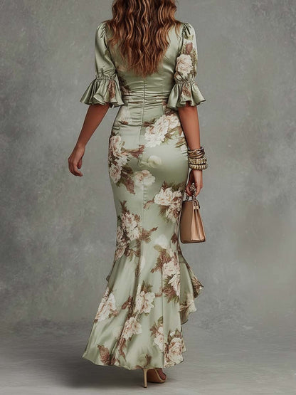 Elegant Green Floral Satin Maxi Dress for Women with Ruched V-Neck Bell Sleeve