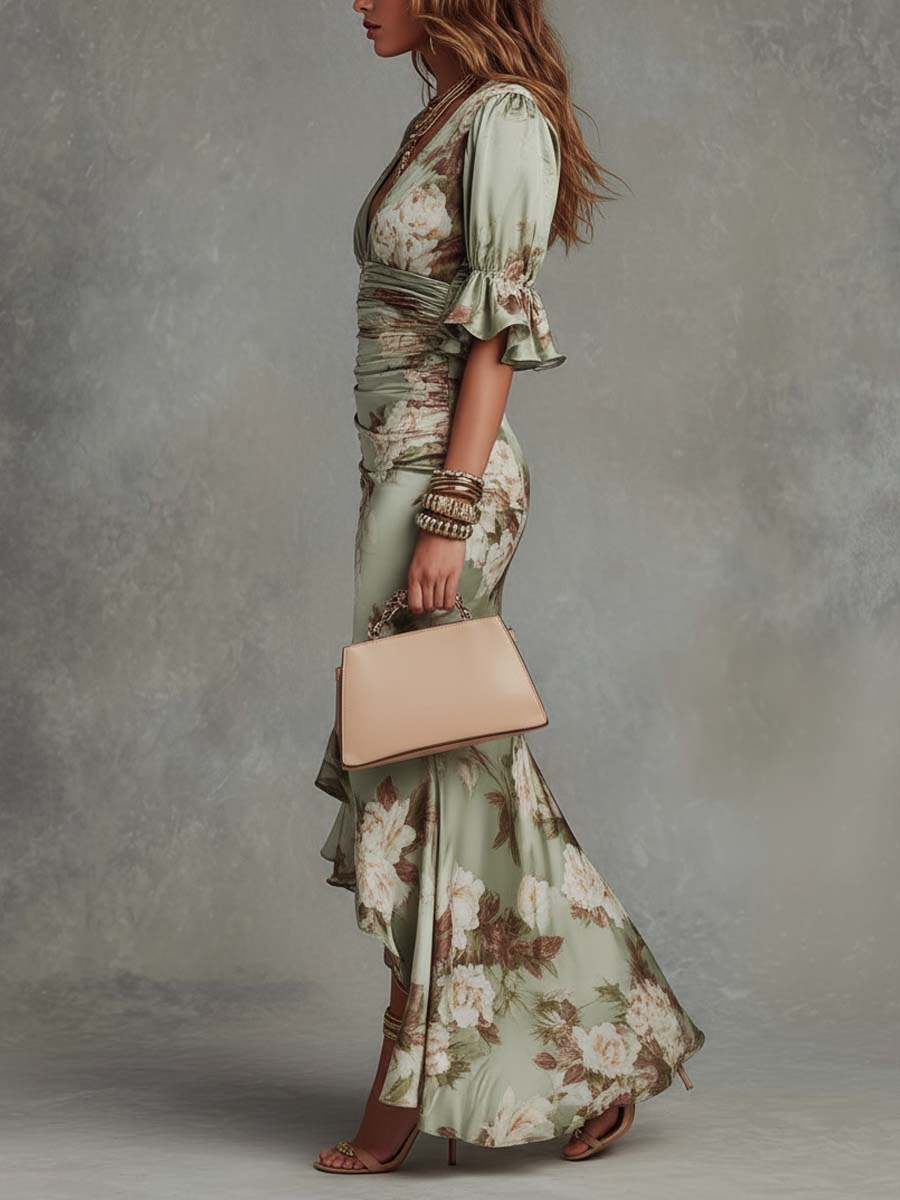 Elegant Green Floral Satin Maxi Dress for Women with Ruched V-Neck Bell Sleeve