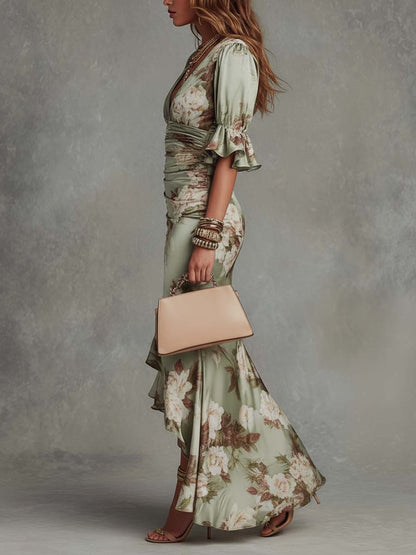 Elegant Green Floral Satin Maxi Dress for Women with Ruched V-Neck Bell Sleeve
