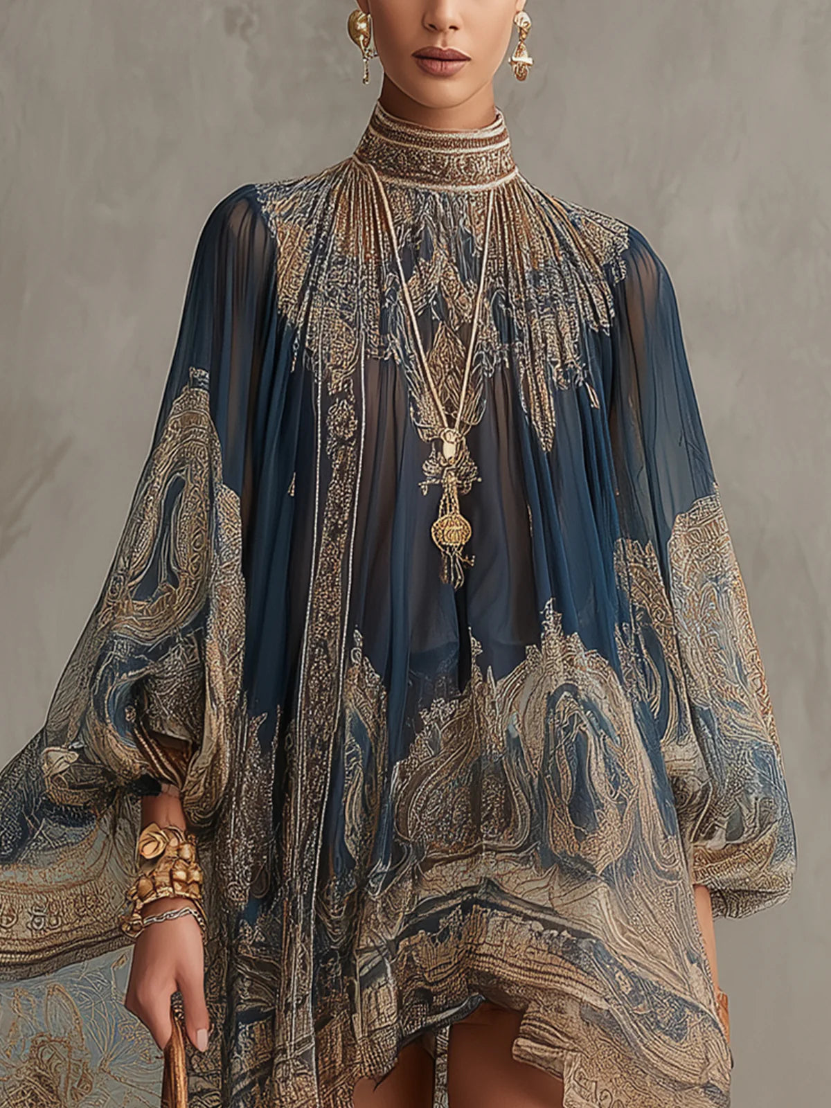 Effortless Baroque Print Chiffon Dress for Women with High Neck Flowy Sleeve
