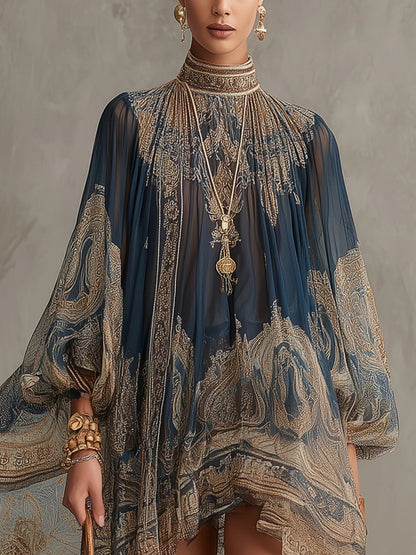 Effortless Baroque Print Chiffon Dress for Women with High Neck Flowy Sleeve