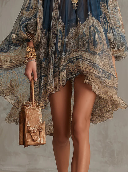 Effortless Baroque Print Chiffon Dress for Women with High Neck Flowy Sleeve