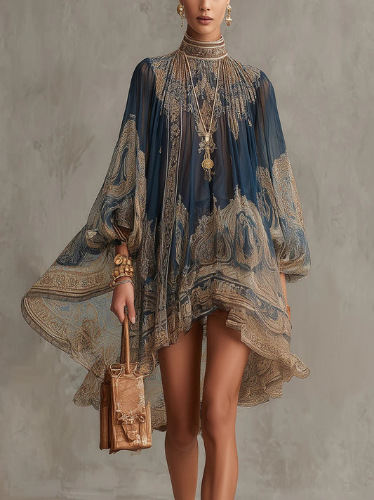 Effortless Baroque Print Chiffon Dress for Women with High Neck Flowy Sleeve