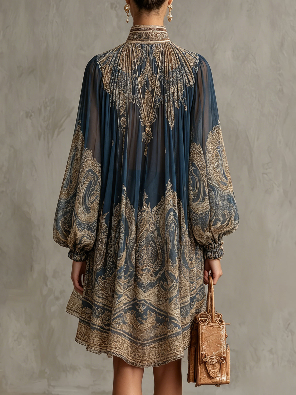 Effortless Baroque Print Chiffon Dress for Women with High Neck Flowy Sleeve