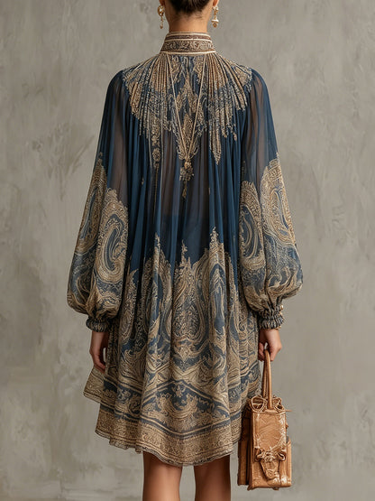 Effortless Baroque Print Chiffon Dress for Women with High Neck Flowy Sleeve