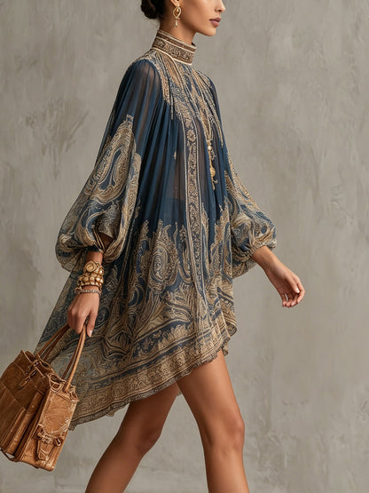 Effortless Baroque Print Chiffon Dress for Women with High Neck Flowy Sleeve