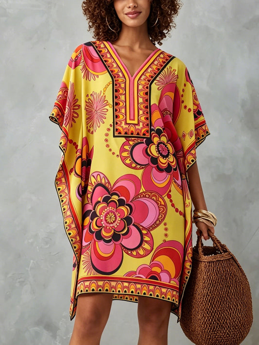 Effortless Multicolor Mini Dress for Women with Floral Print V-Neck Kaftan Style