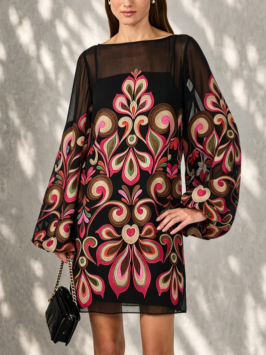 Elegant Black Floral Mini Dress for Women with Sheer Balloon Sleeve Boat Neck Shift Style