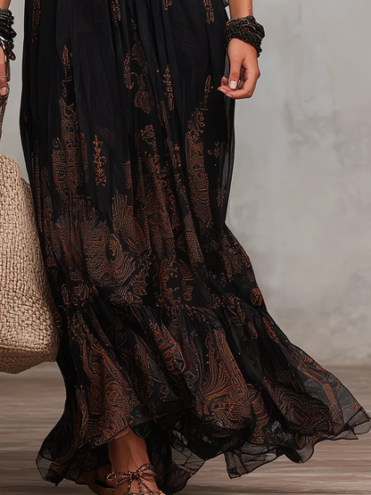 Elegant Black Maxi Dress for Women with V Neck Flutter Sleeve Lace Detail Tiered Flowing Boho Style