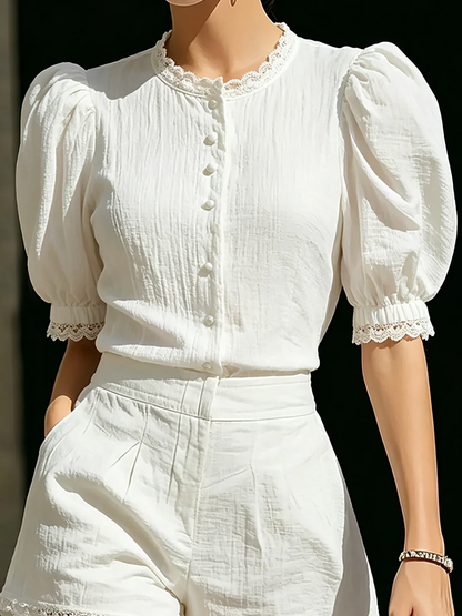 Elegant White Two Piece Set for Women with Puff Sleeve Button Top High Waist Shorts Tailored Style