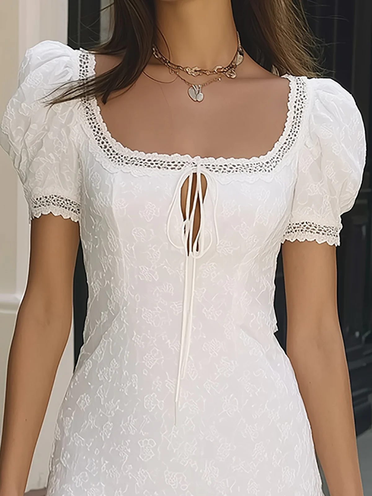 Elegant White Mini Dress for Women with Square Neck Puff Sleeve Keyhole Tie Front A Line Style
