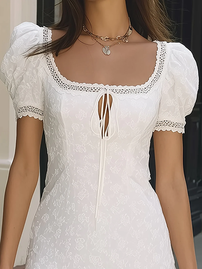 Elegant White Mini Dress for Women with Square Neck Puff Sleeve Keyhole Tie Front A Line Style