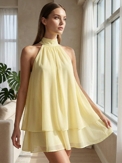 Effortless A Line Mini Dress for Women with Halter Neck Tiered Flowy Style