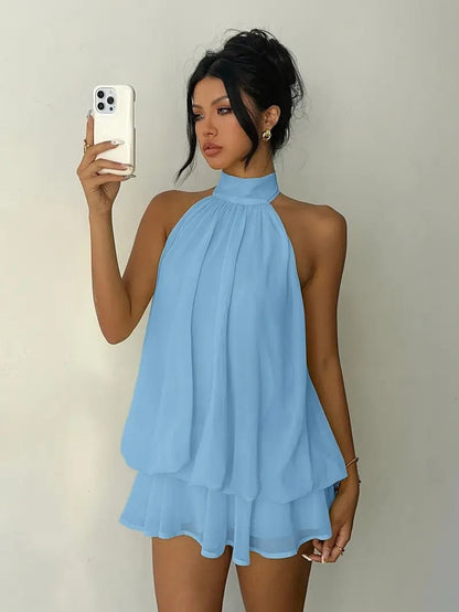 Effortless A Line Mini Dress for Women with Halter Neck Tiered Flowy Style