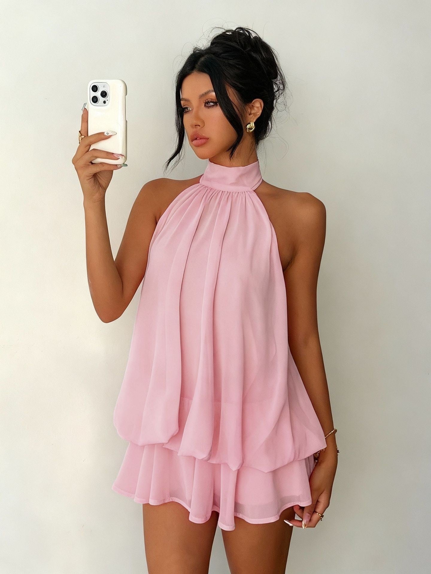 Effortless A Line Mini Dress for Women with Halter Neck Tiered Flowy Style