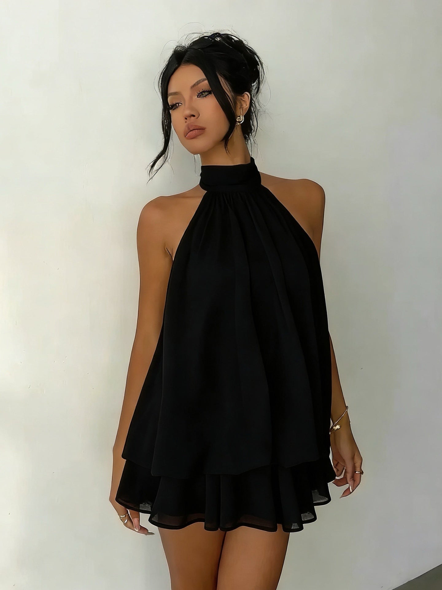Effortless A Line Mini Dress for Women with Halter Neck Tiered Flowy Style