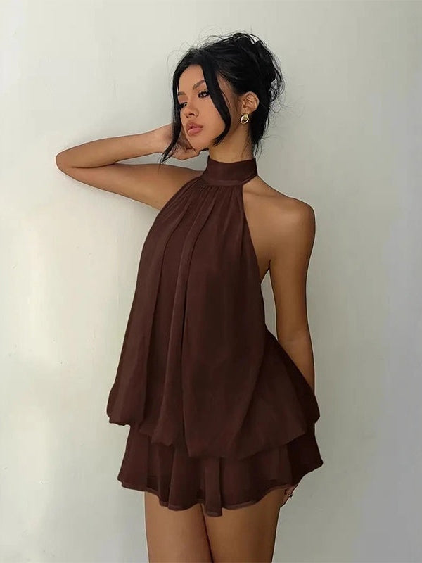 Effortless A Line Mini Dress for Women with Halter Neck Tiered Flowy Style