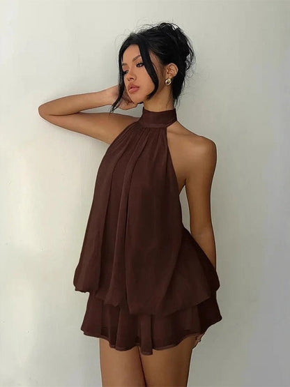 Effortless A Line Mini Dress for Women with Halter Neck Tiered Flowy Style