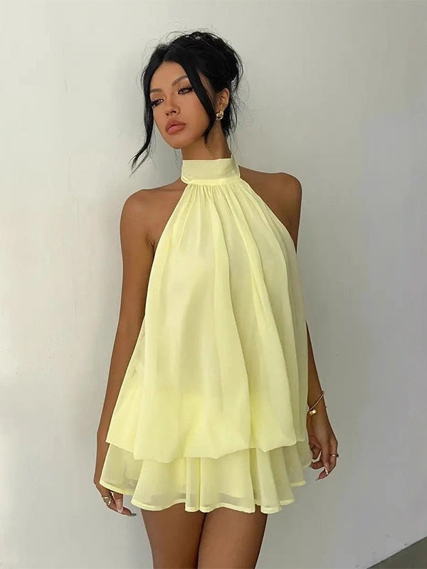 Effortless A Line Mini Dress for Women with Halter Neck Tiered Flowy Style