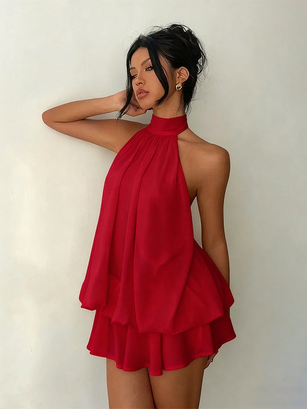 Effortless A Line Mini Dress for Women with Halter Neck Tiered Flowy Style