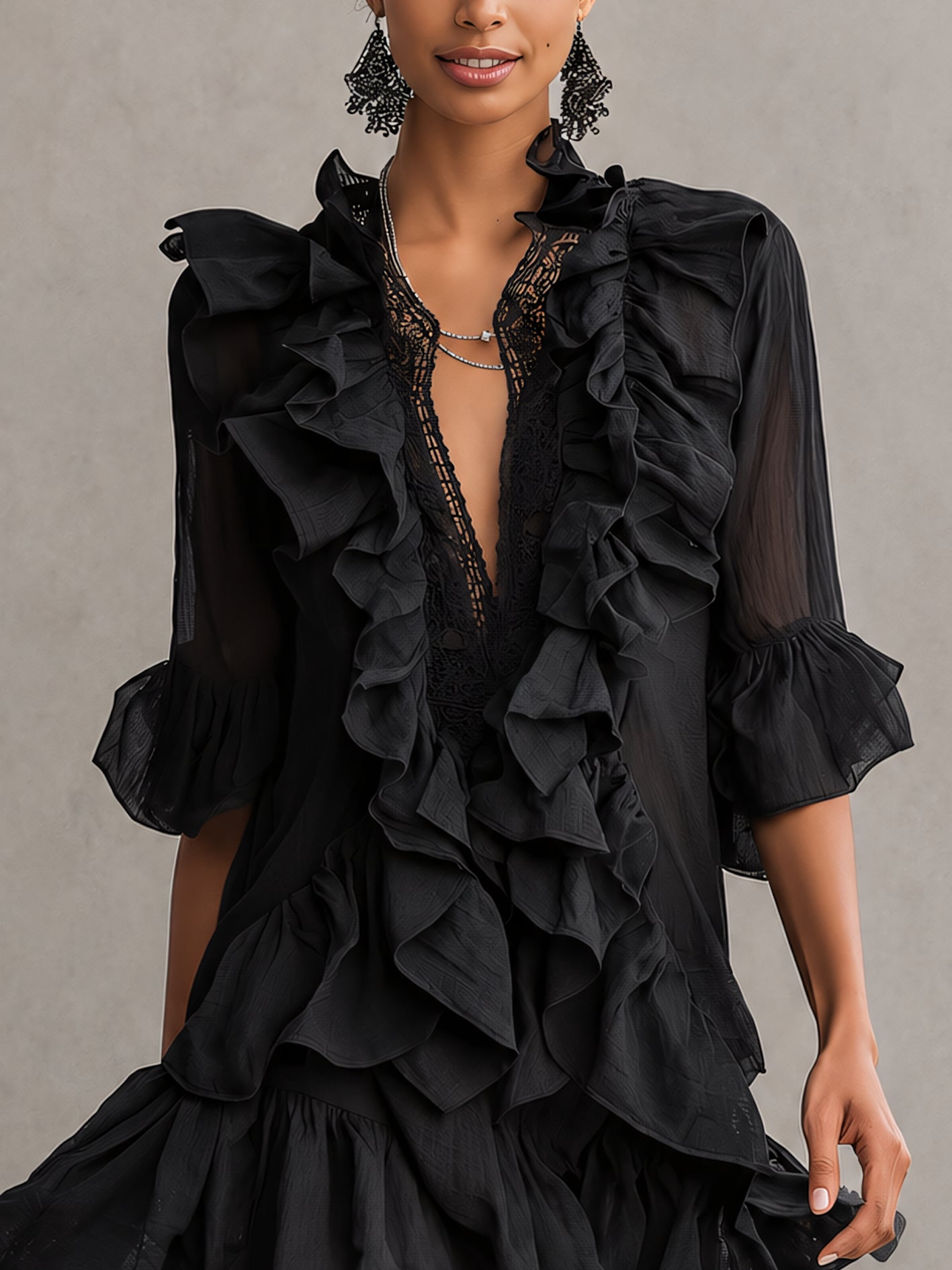 Elegant Black Ruffle Mini Dress for Women with V-Neck Sheer Sleeve Tiered Style