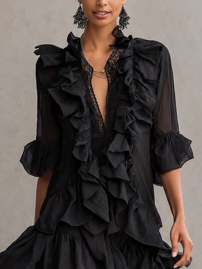 Elegant Black Ruffle Mini Dress for Women with V-Neck Sheer Sleeve Tiered Style