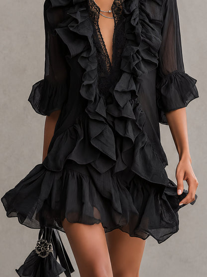 Elegant Black Ruffle Mini Dress for Women with V-Neck Sheer Sleeve Tiered Style