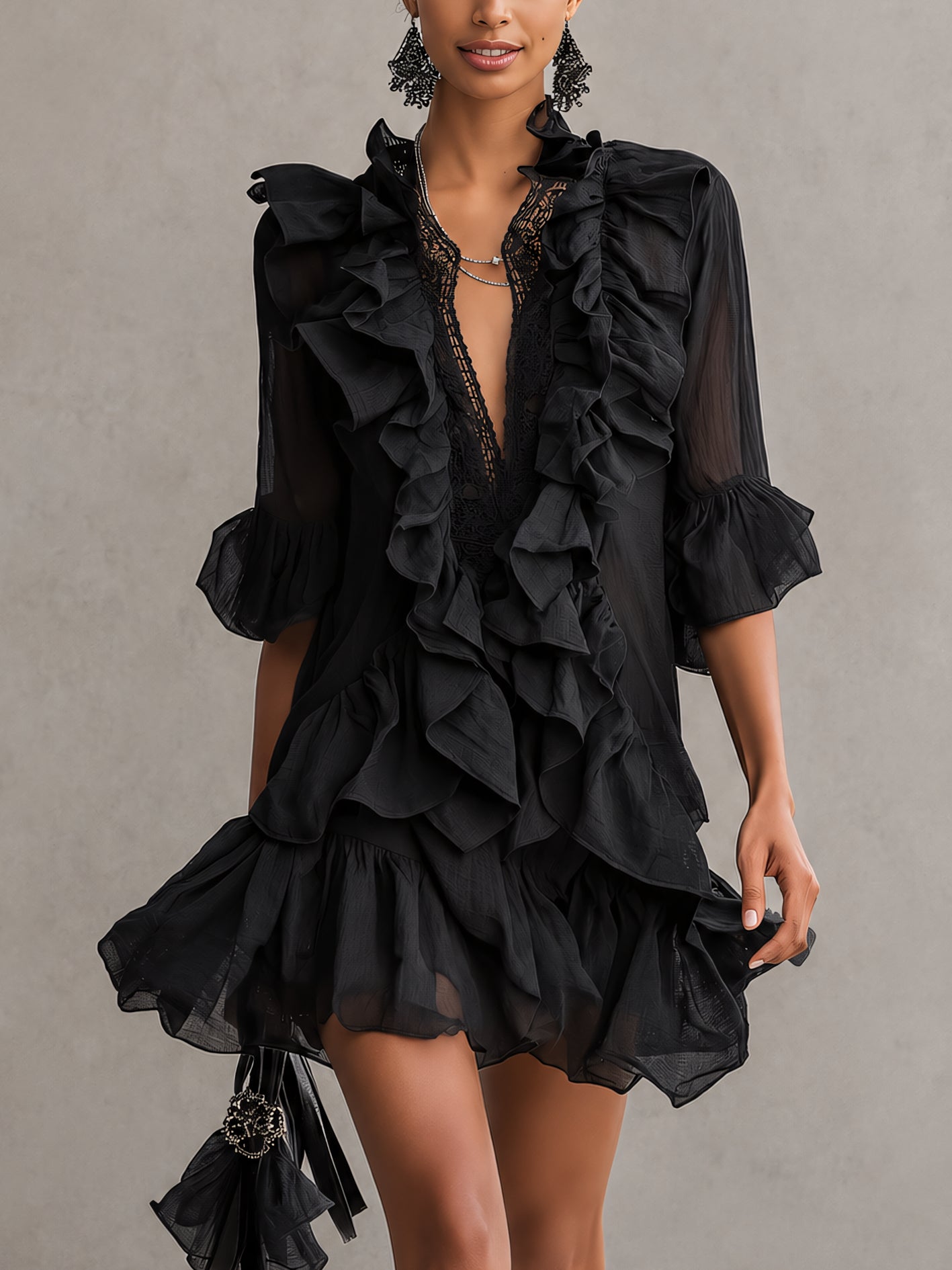 Elegant Black Ruffle Mini Dress for Women with V-Neck Sheer Sleeve Tiered Style