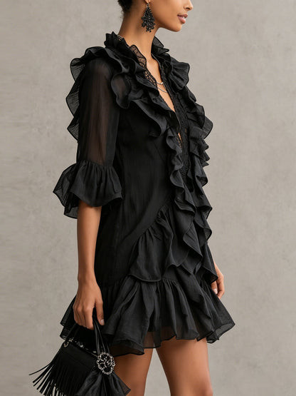 Elegant Black Ruffle Mini Dress for Women with V-Neck Sheer Sleeve Tiered Style