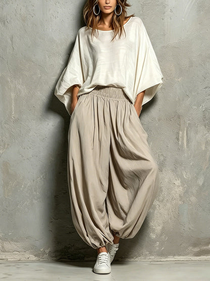Effortless Taupe Wide Leg Harem Pants for Women with High Waist Drawstring Flowing Style