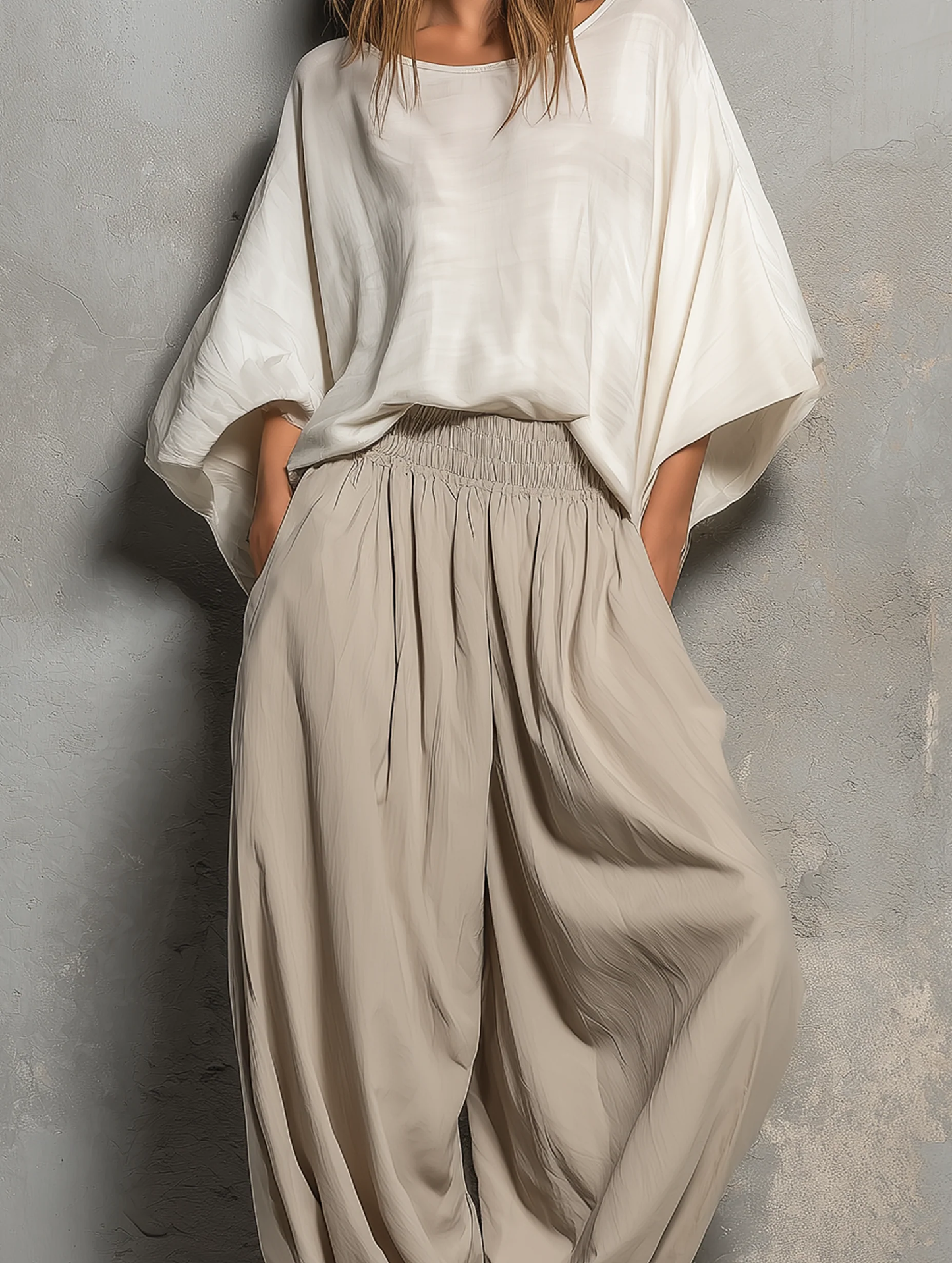 Effortless Taupe Wide Leg Harem Pants for Women with High Waist Drawstring Flowing Style
