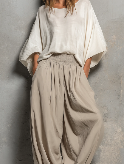 Effortless Taupe Wide Leg Harem Pants for Women with High Waist Drawstring Flowing Style