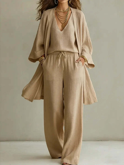 Effortless Wide Leg Two Piece Set for Women with V-Neck Wrap Blouson Sleeve