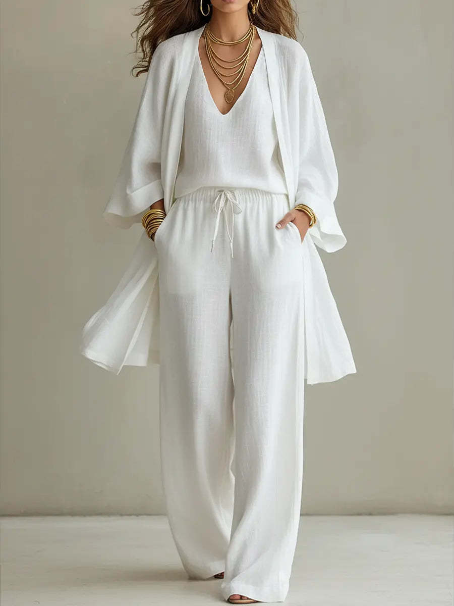Effortless Wide Leg Two Piece Set for Women with V-Neck Wrap Blouson Sleeve