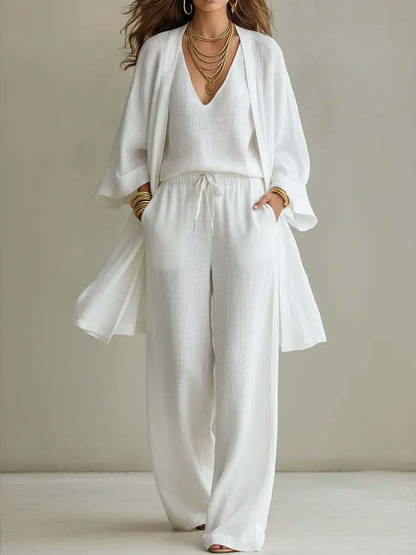 Effortless Wide Leg Two Piece Set for Women with V-Neck Wrap Blouson Sleeve