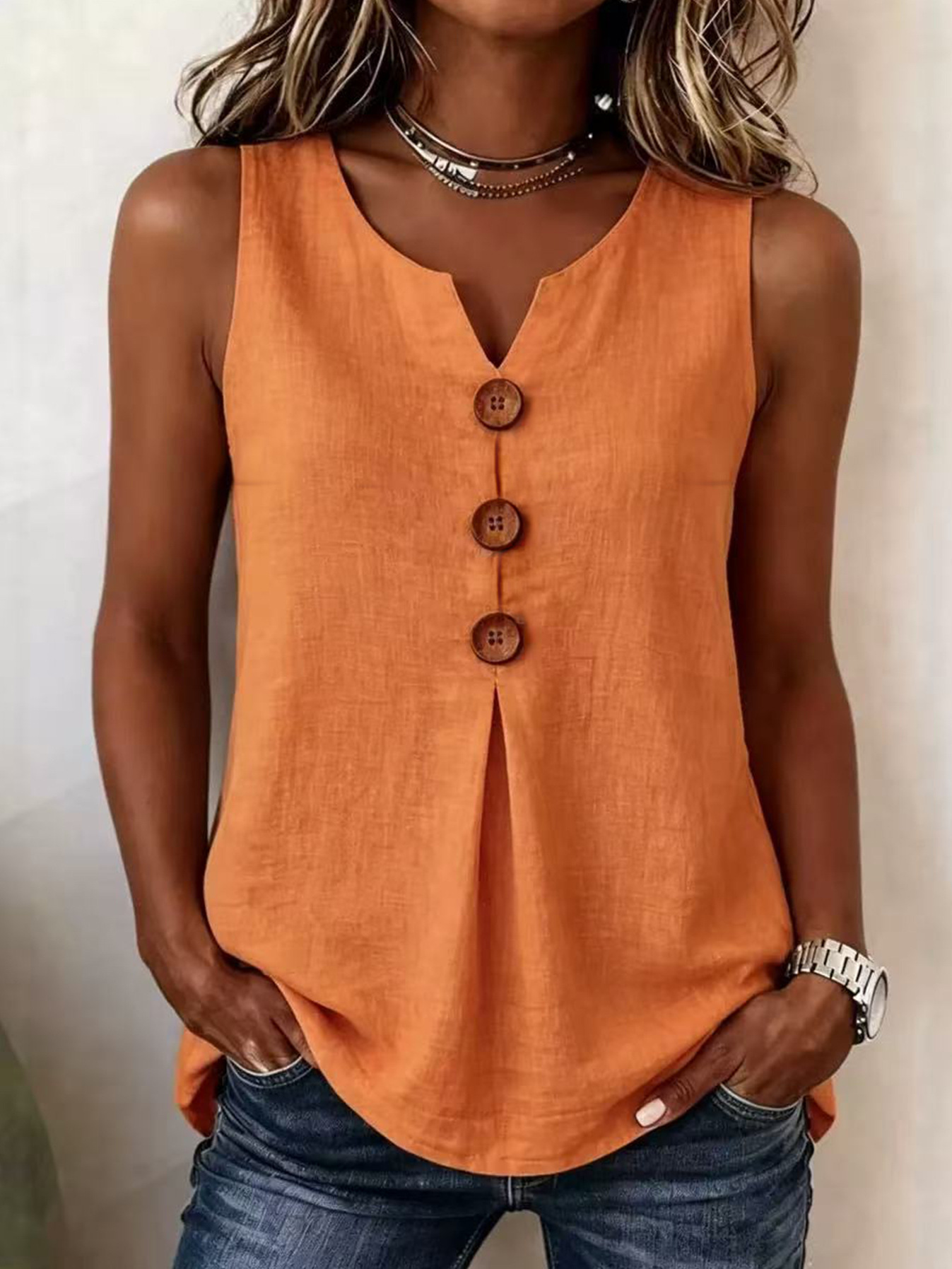 Effortless Blouses for Women with V-Neck Button Sleeveless Pleated Front
