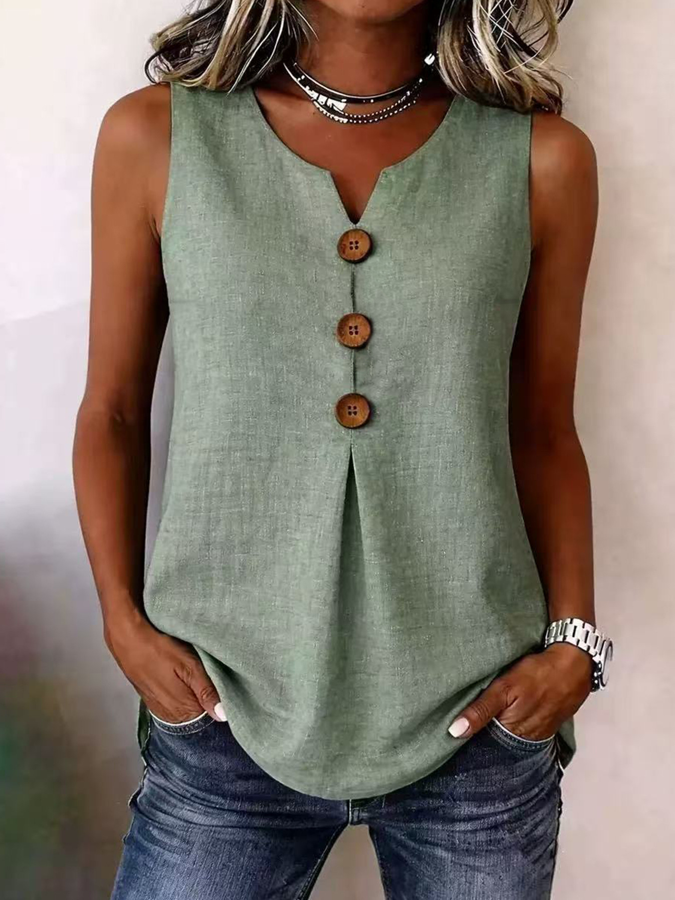 Effortless Blouses for Women with V-Neck Button Sleeveless Pleated Front