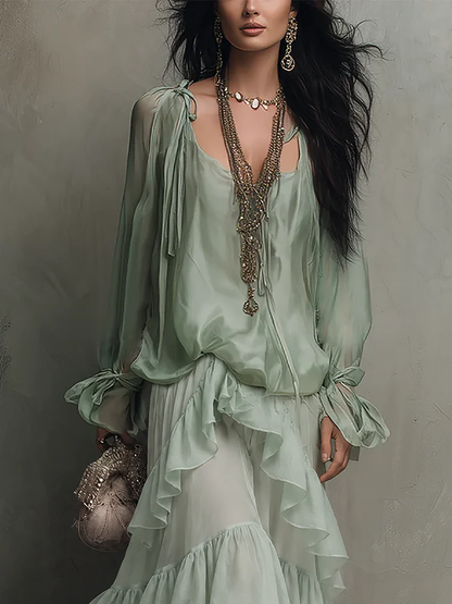 Elegant Sage Green Wrap Maxi Dress for Women with V-Neck Ruffle Tiered Bell Sleeve